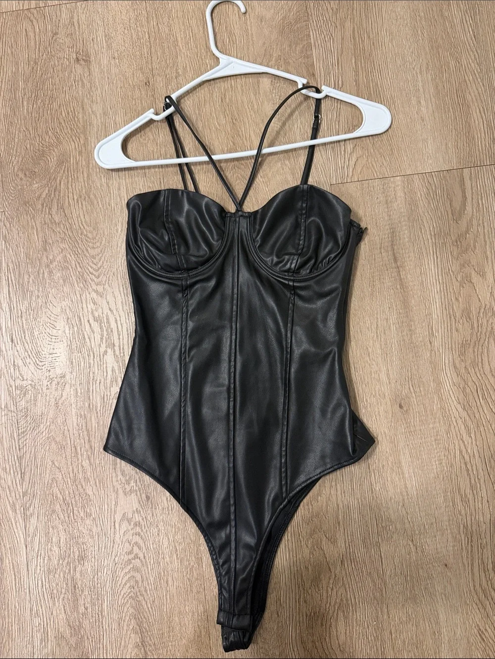 Zara Black Faux Leather Strappy One-Piece Bodysuit